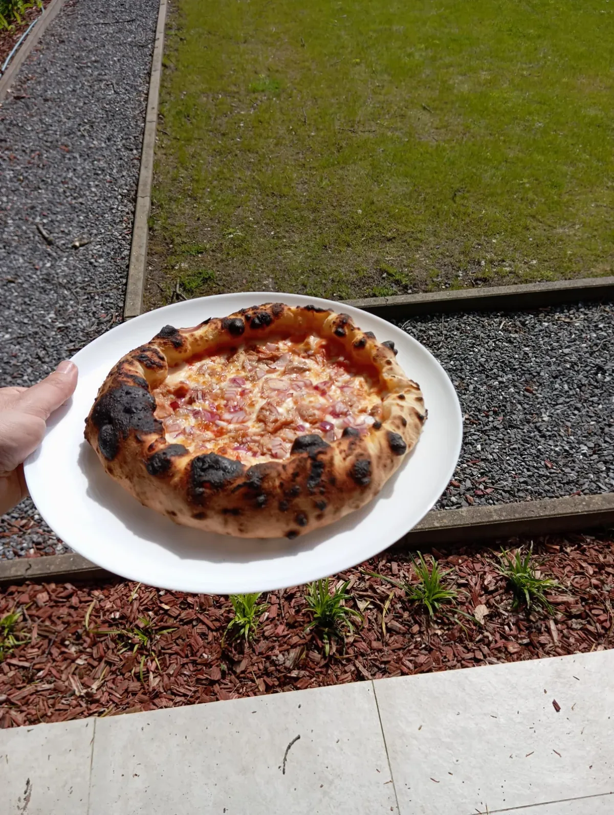 Een pizza op een bord in de tuin