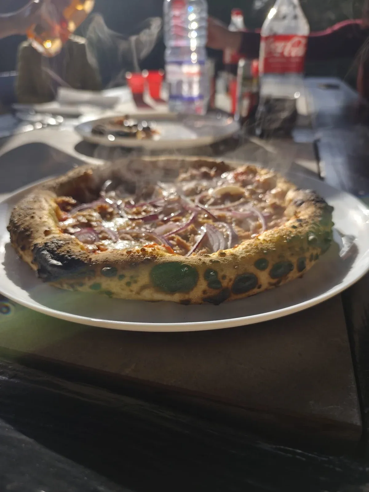 Een pizza met ui, vers uit de oven